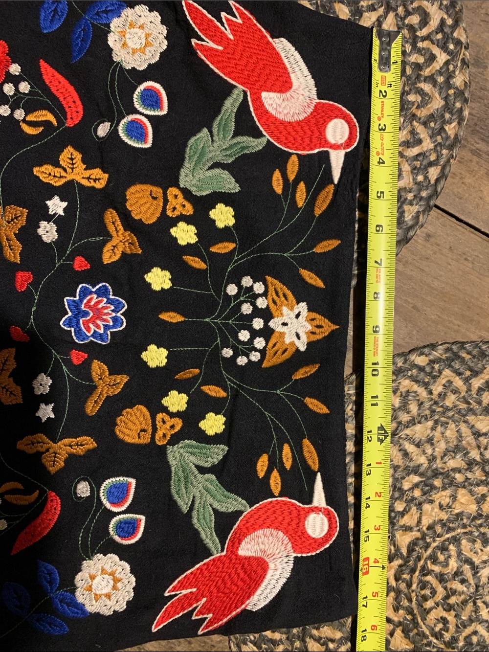 Umgee Pom Pom Black Mini Skirt with Colorful Embroidered Birds and Florals - Picture 10 of 12